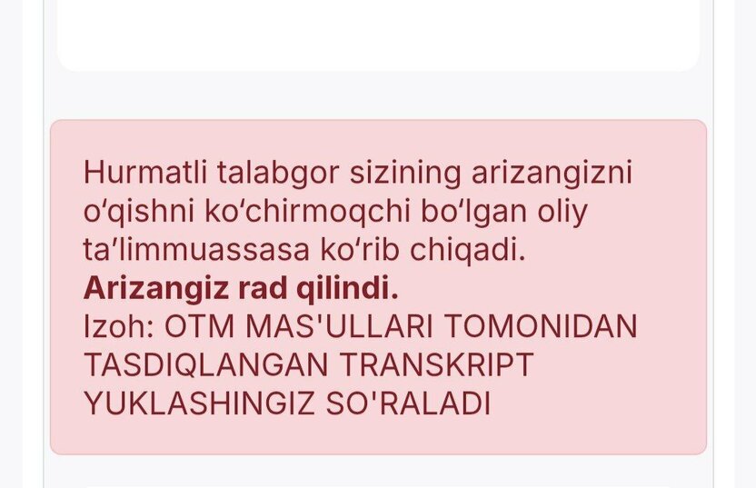 Rad etilgan arizadan na’muna
