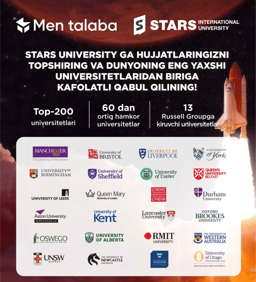 Boshqalar hali orzu qilmoqda, siz esa dunyoning TOP-100 universitetlarida o‘qishni bugundan boshlashingiz mumkin!