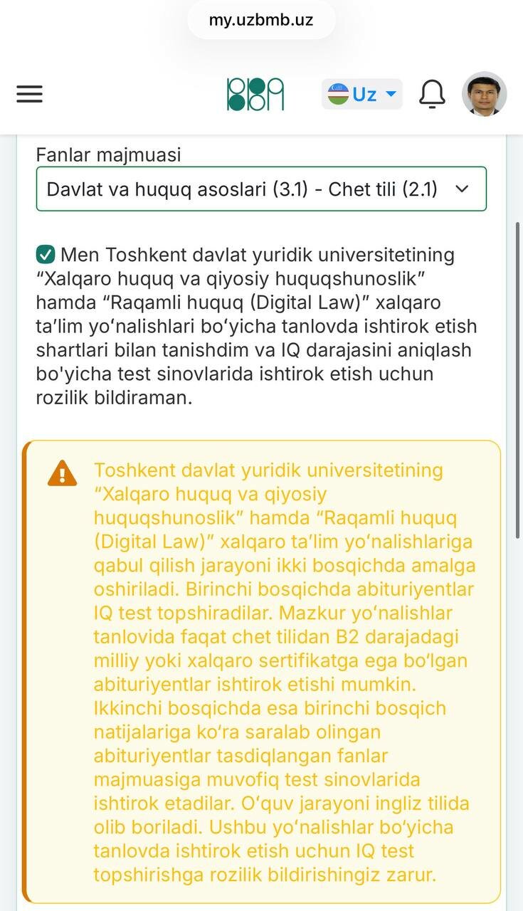 TDYUning yangi yo‘nalishlariga kirish uchun B2 sertifikat va IQ test talab etiladi