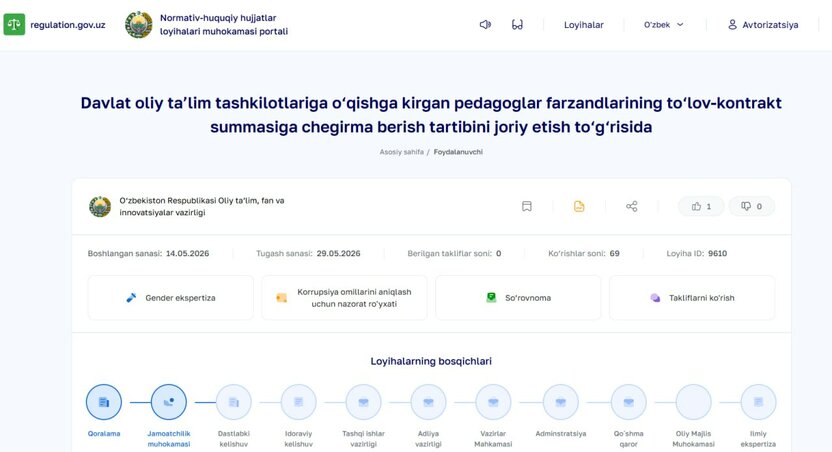 Pedagoglar farzandlariga 30 foizlik kontrakt chegirmasi berilishi mumkin