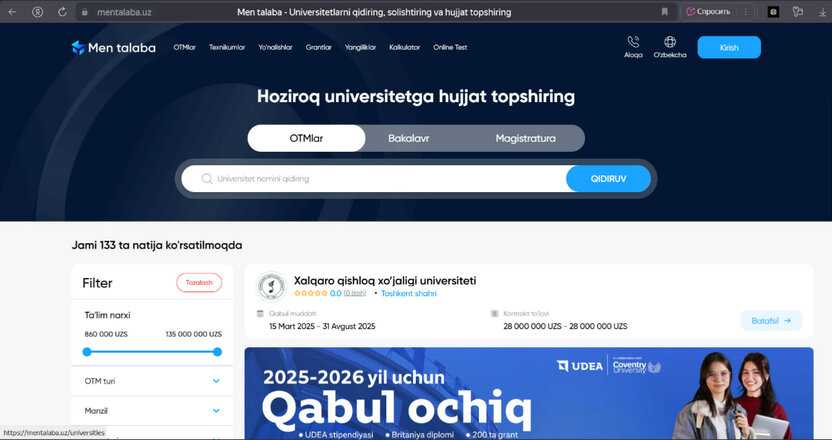 Mentalaba.uz: Qanday qilib 40 dan ortiq OTMga bir zumda hujjat topshirish mumkin?