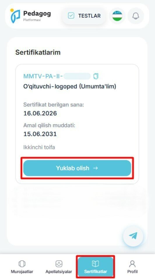 2026-yil yanvar-iyun attestatsiya sertifikatlari tayyor bo‘ldi