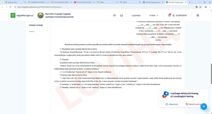 Oliy ta’lim muassasalarini davlat granti asosida bitirgan talaba 3 yil ishlaberishi shartmi?