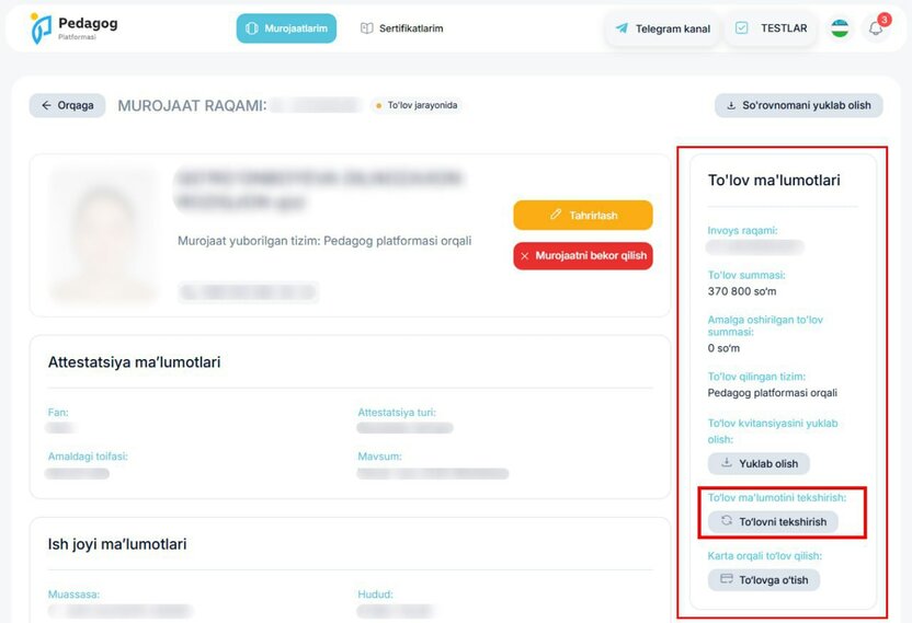 Bugun, 9-mart attestatsiyada ishtirok etish uchun to‘lov qilishning oxirgi kuni!