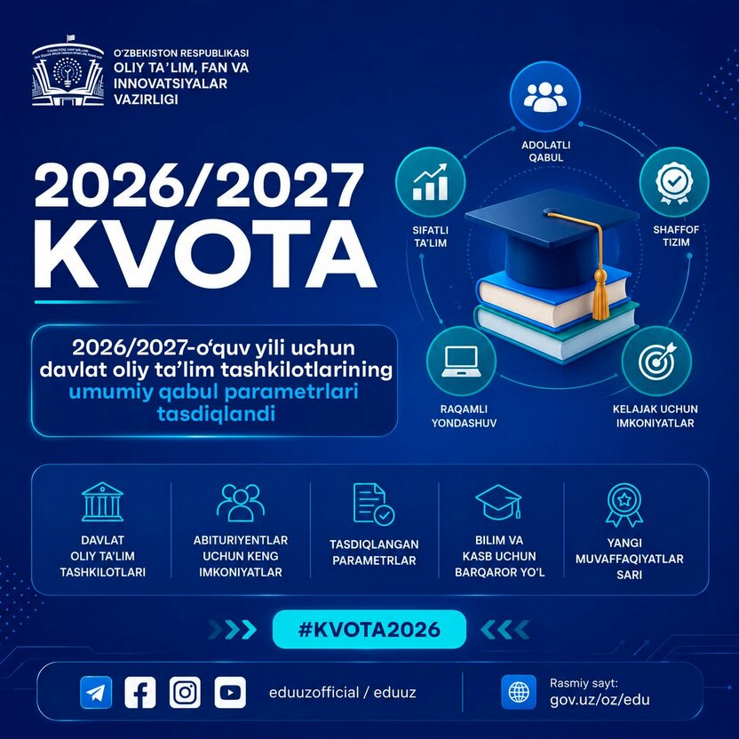 Qabul-2026: Davlat OTMlari uchun qabul kvotalari rasman e’lon qilindi