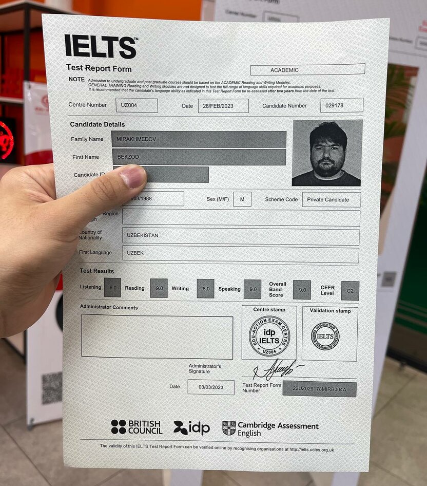 O‘zbekistonda ilk marotaba IELTS imtihonidan maksimal 9.0 natija qayd etildi